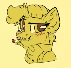 Size: 564x537 | Tagged: safe, artist:spoopygander, derpibooru import, oc, oc:gold star, unofficial characters only, pony, unicorn, blushing, chest fluff, clothes, ear fluff, earsmiling, female, flower, flower in mouth, heart eyes, jacket, looking at you, mare, monochrome, mouth hold, raised eyebrow, simple background, solo, wingding eyes