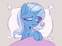 Size: 1027x760 | Tagged: safe, artist:tre, derpibooru import, trixie, pony, unicorn, blanket, cute, diatrixes, drool, eyes closed, female, mare, open mouth, pillow, sleeping, solo