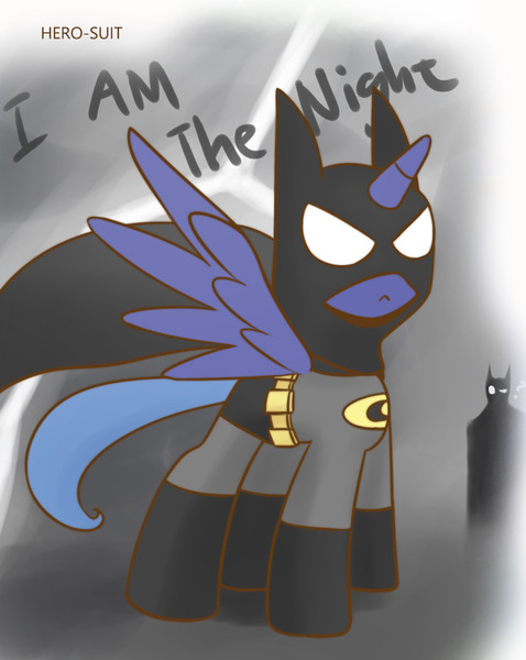 Size: 860x1080 | Tagged: safe, artist:howxu, derpibooru import, princess luna, alicorn, pony, batman, clothes, costume, cropped, female, i am the night, mare, solo