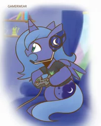 Size: 860x1080 | Tagged: safe, artist:howxu, derpibooru import, princess luna, alicorn, pony, gamer luna, controller, cropped, cute, female, filly, gamer, gamer woona, headset, lunabetes, mare, solo, woona, xbox, younger