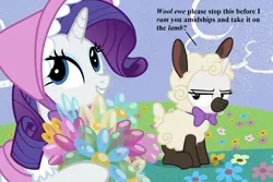 Size: 1620x1080 | Tagged: animal costume, balloon, clothes, costume, cropped, cute, derpibooru import, edit, edited screencap, flower, forever filly, pun, raribetes, rarity, safe, screencap, sheep, sheepie belle, sweetie belle, sweetie belle is not amused, text, unamused