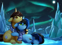 Size: 3094x2248 | Tagged: safe, artist:pridark, derpibooru import, oc, oc:ethereal divide, oc:lunar flourish, unofficial characters only, pony, unicorn, aurora borealis, clothes, couple, glacier, high res, ice, looking up, night, romantic, scarf, scenery, shipping, snow, stars