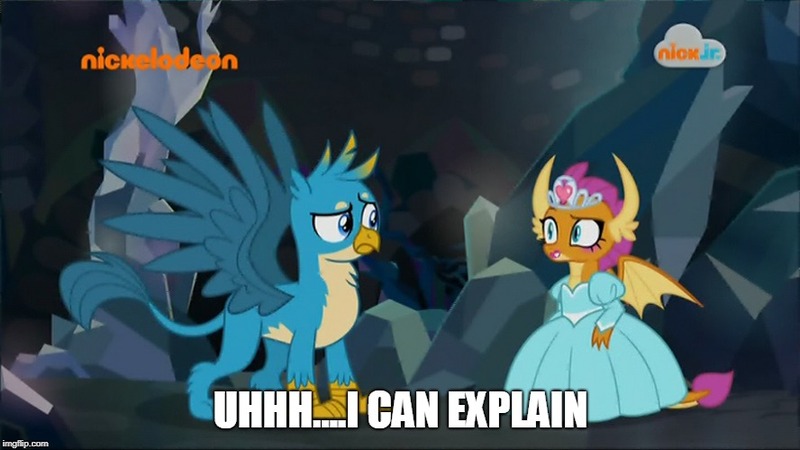 Size: 888x499 | Tagged: safe, derpibooru import, edit, edited screencap, screencap, gallus, smolder, dragon, gryphon, what lies beneath, awkward, clothes, dragoness, dress, duo, female, i can explain, image macro, logo, makeup, male, meme, nickelodeon, nick jr., parody, prehibernation week, princess outfit, princess smolder, spongebob squarepants, uhh i can explain