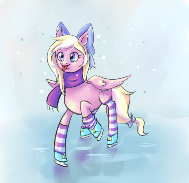 Size: 1550x1500 | Tagged: artist needed, source needed, safe, derpibooru import, oc, oc:bay breeze, unofficial characters only, pegasus, pony, clothes, female, ice skating, scarf, snow, socks, solo, striped socks, tongue out