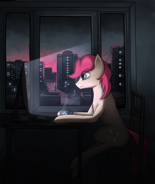 Size: 1600x1900 | Tagged: safe, artist:sinniepony, derpibooru import, oc, oc:scroupy, earth pony, pony, blue eyes, city, city lights, monitor, night, solo, window