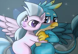 Size: 1286x892 | Tagged: safe, artist:pencil bolt, derpibooru import, gallus, silverstream, classical hippogriff, gryphon, hippogriff, what lies beneath, blushing, cave, cute, diastreamies, female, gallabetes, gallstream, hug, interspecies, light, male, scene interpretation, shipping, straight, that was fast