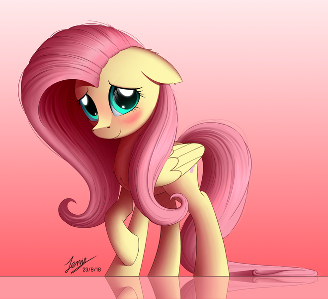 Size: 2500x2273 | Tagged: safe, artist:duskie-06, derpibooru import, fluttershy, pegasus, pony, blushing, cute, female, floppy ears, mare, reflection, shyabetes, smiling, solo