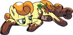 Size: 1465x697 | Tagged: safe, artist:pencils, derpibooru import, idw, carrot top, golden harvest, earth pony, pony, spoiler:comic, spoiler:comic69, background removed, chocolate, female, food, mare, official comic, simple background, solo, transparent background