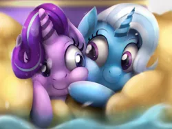 Size: 2938x2204 | Tagged: safe, artist:blackligerth, derpibooru import, starlight glimmer, trixie, pony, unicorn, road to friendship, cheek squish, cheek to cheek, cute, diatrixes, eye contact, female, friendshipping, glimmerbetes, high res, i guess we're stuck together, inflatable, inflatable raft, looking at each other, mare, prone, raft, shipping fuel, snuggling, squished, squishy, squishy cheeks, we're friendship bound