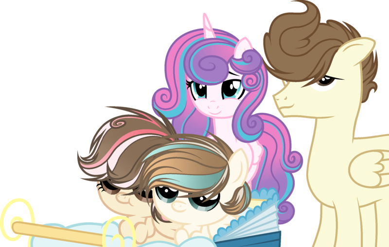 Size: 2525x1603 | Tagged: safe, artist:xxriverdreamxx, derpibooru import, pound cake, princess flurry heart, pony, baby, baby carriage, baby pony, family, female, male, offspring, parent:pound cake, parent:princess flurry heart, parents:poundflurry, poundflurry, shipping, simple background, straight, transparent background