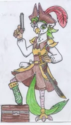 Size: 529x929 | Tagged: amputee, artist:kuroneko, captain celaeno, colored pencil drawing, derpibooru import, female, gun, hat, monochrome, my little pony: the movie, one eye closed, parrot pirates, peg leg, pirate, pirate hat, prosthetic leg, prosthetic limb, prosthetics, safe, simple background, solo, sword, traditional art, treasure chest, weapon, white background, wink