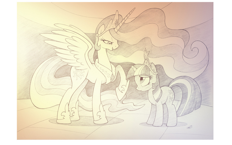 Size: 2070x1293 | Tagged: safe, artist:sherwoodwhisper, derpibooru import, princess celestia, twilight sparkle, alicorn, pony, unicorn, friendship is magic, big crown thingy, duo, female, grayscale, jewelry, mare, monochrome, pencil drawing, raised hoof, regalia, scene interpretation, traditional art, unicorn twilight