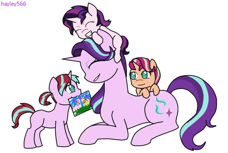 Size: 1280x862 | Tagged: safe, artist:hayley566, derpibooru import, starlight glimmer, oc, oc:daydream flare, oc:daylight gleam, oc:evening glitter, pony, unicorn, icey-verse, cute, description is relevant, drawing, eyes closed, family, female, filly, glimmerbetes, lesbian, magical lesbian spawn, mare, mother and daughter, mouth hold, not sunset shimmer, offspring, parent:starlight glimmer, parent:sunset shimmer, parents:shimmerglimmer, picture, shimmerglimmer, shipping, simple background, smiling, transparent background, younger