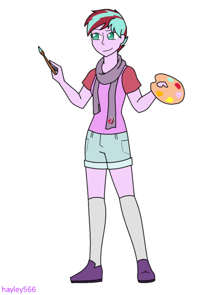 Size: 960x1280 | Tagged: safe, artist:hayley566, derpibooru import, oc, oc:daylight gleam, unofficial characters only, equestria girls, clothes, easel, equestria girls-ified, female, hipster, kneesocks, magical lesbian spawn, mary janes, offspring, paint, paintbrush, palette, parent:starlight glimmer, parent:sunset shimmer, parents:shimmerglimmer, scarf, shoes, shorts, simple background, socks, solo, transparent background