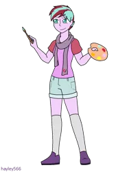 Size: 960x1280 | Tagged: safe, artist:hayley566, derpibooru import, oc, oc:daylight gleam, unofficial characters only, equestria girls, clothes, easel, equestria girls-ified, female, hipster, kneesocks, magical lesbian spawn, mary janes, offspring, paint, paintbrush, palette, parent:starlight glimmer, parent:sunset shimmer, parents:shimmerglimmer, scarf, shoes, shorts, simple background, socks, solo, transparent background