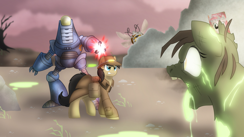 Size: 1920x1080 | Tagged: safe, artist:faith-wolff, derpibooru import, pinkie pie, oc, oc:cogs fixmore, earth pony, ghoul, glowing one, parasprite, pony, robot, fallout equestria, fanfic, clothes, coat, commission, dead tree, fanfic art, female, feral ghouls, glow, hat, laser, looking at you, male, mare, ministry mares, ministry of morale, pinkie pie is watching you, poster, propaganda, protectron, saddle bag, smiling, spritebot, stallion, teeth, text, tree, wasteland