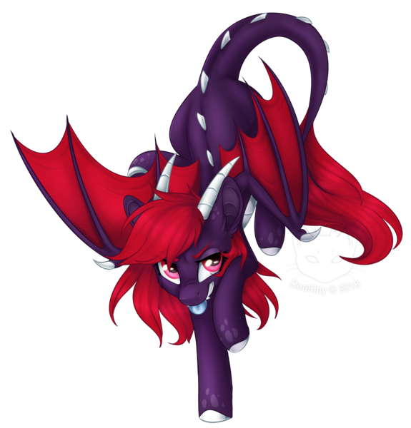 Size: 2042x2130 | Tagged: safe, artist:doekitty, derpibooru import, oc, oc:scarlet spectrum, dragon, art trade, female, landing, open mouth, simple background, solo, tongue out, transparent background, wings