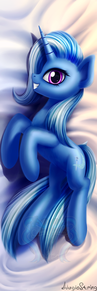 Size: 1667x5000 | Tagged: safe, artist:adagiostring, derpibooru import, trixie, pony, unicorn, body pillow, body pillow design, female, lightly watermarked, looking at you, mare, signature, smiling, solo, watermark