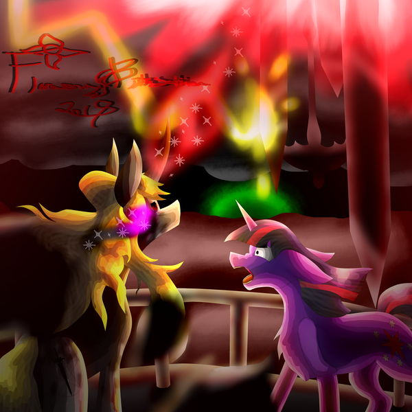 Size: 5800x5800 | Tagged: safe, artist:florarena-kitasatina/dragonborne fox, derpibooru import, twilight sparkle, ponified, pony, umbrum, absurd resolution, balcony, crossover, curved horn, dat mane tho, dramatic lighting, epic battle fantasy, floppy ears, flowing mane, horrified, how even, lightning, limit break, matt (epic battle fantasy), mottled coat, ow the edge, ragnarok, red eyes take warning, red sky, redraw, shield, signature, slit pupils, socks (coat marking), sombra eyes, spear, spell, sword, the braids have come undone, this will end in one ruined landscape, this will end in property damage, watermark, weapon, weapons of improbable size, why would you do that, wide eyes