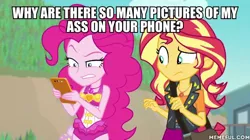 Size: 600x337 | Tagged: suggestive, derpibooru import, edit, edited screencap, screencap, pinkie pie, sunset shimmer, equestria girls, equestria girls series, forgotten friendship, clothes, image macro, implied sunsetpie, meme, swimsuit