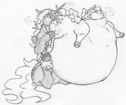 Size: 1500x1250 | Tagged: suggestive, artist:siegfriednox, derpibooru import, oc, oc:buckets, oc:invidia nox, alicorn, pegasus, pony, alicorn oc, belly, grayscale, impossibly large belly, inflation, kiss inflation, monochrome, puffkiss, traditional art