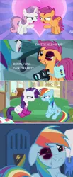 Size: 1006x2446 | Tagged: abuse, abuse edit, black eye, comic, dashabuse, derpibooru import, drama bait, edgy, edit, edited screencap, parental glideance, poor rainbow dash, rainbow dash, rarity, sad, scootabuse, scootaloo, screencap, semi-grimdark, surf and/or turf, the end in friend