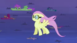 Size: 1280x720 | Tagged: safe, derpibooru import, screencap, bons away, fluttershy, lightning bolt, slipstream, spring melody, sprinkle medley, white lightning, pegasus, pony, hurricane fluttershy, background pony, female, flying, goggles, mare, smiling, standing up, tornado