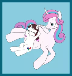 Size: 762x803 | Tagged: safe, artist:catross, derpibooru import, princess flurry heart, oc, oc:malinae, alicorn, pony, unicorn, adult, belly pillow, birth mark, duo, duo female, female, freckles, kicking, lying down, mama flurry, multiple pregnancy, offspring, older, older flurry heart, parent:applejack, parent:oc:niku, parents:canon x oc, pregnant, sleeping, smiling, teenager