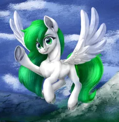 Size: 1024x1047 | Tagged: safe, artist:thatonegib, derpibooru import, oc, oc:peri, unofficial characters only, pegasus, pony, chest fluff, cloud, commission, female, flying, gift art, green hair, hooves, long mane, long tail, looking at you, mare, mountain, smiling, snow, solo, spread wings, wings