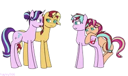 Size: 1280x761 | Tagged: safe, artist:hayley566, derpibooru import, starlight glimmer, sunset shimmer, oc, oc:daydream flare, oc:daylight gleam, pony, unicorn, alternate hairstyle, description is relevant, family, female, hiding, hug, lesbian, magical lesbian spawn, mare, mother and daughter, nervous, offspring, open mouth, parent:starlight glimmer, parent:sunset shimmer, parents:shimmerglimmer, shimmerglimmer, shipping, shy, simple background, transparent background