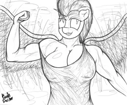 Size: 2000x1661 | Tagged: anthro, artist:fetishsketches, bicep, big breasts, breasts, busty lightning dust, cleavage, derpibooru import, erect nipples, female, flapping wings, flexing, lightning dust, monochrome, muscles, nipple outline, nudity, signature, solo, solo female, suggestive