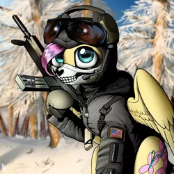 Size: 1161x1163 | Tagged: artist:supermare, badass, call of duty, clothes, crossover, derpibooru import, female, flutterbadass, fluttershy, gun, headset, mask, modern warfare 2, safe, solo, sunglasses, united states, weapon