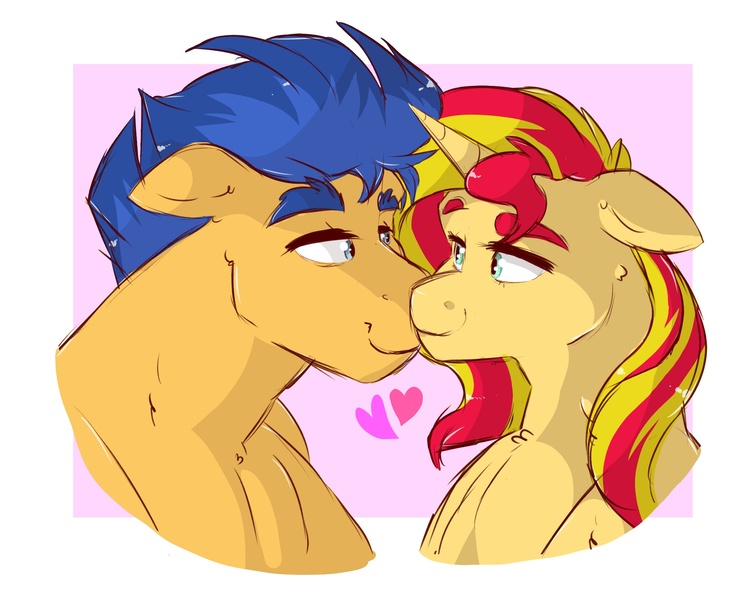 Size: 2000x1600 | Tagged: safe, artist:canisrettmajoris, derpibooru import, flash sentry, sunset shimmer, pony, cute, female, flashimmer, floppy ears, heart, looking at each other, male, mare, shipping, smiling, stallion, straight