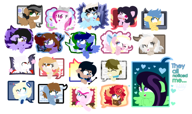 Size: 3100x1844 | Tagged: safe, artist:bubbly-storm, derpibooru import, oc, unofficial characters only, book, heart, heart eyes, lots of characters, many many pony, meme, simple background, starry eyes, transparent background, wingding eyes
