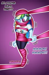 Size: 730x1110 | Tagged: suggestive, artist:snakeythingy, derpibooru import, rainbow dash, equestria girls, equestria girls series, bound, breasts, dialogue, gradient background, muffled words, mummification, one eye closed, story included, wrapped up, wrapping