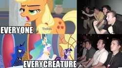 Size: 1298x720 | Tagged: alicorn, applejack, caption, derpibooru import, everycreature, exploitable meme, image macro, meme, princess celestia, princess luna, reaction guys, safe, school daze, screencap, spanish, twilight sparkle, twilight sparkle (alicorn)