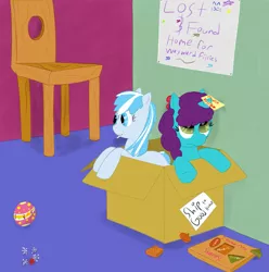 Size: 1111x1119 | Tagged: safe, artist::snowfrost, derpibooru import, oc, oc:snow frost, oc:vitriol ink, unofficial characters only, earth pony, pony, unicorn, ball, bill, bow, box, candy, chair, female, filly, food, lollipop, orphan, shape matching, shapes