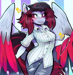 Size: 1024x1056 | Tagged: safe, artist:rayadra, derpibooru import, oc, unofficial characters only, anthro, bat pony, abstract background, anthro oc, art trade, bat pony oc, blushing, clothes, colored wings, cute, cute little fangs, digital art, fangs, female, freckles, gradient hair, gradient mane, jeans, looking at you, mare, multicolored wings, pants, red eyes, ripped jeans, smiling, solo
