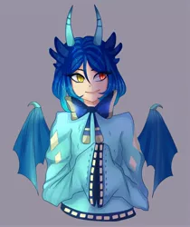 Size: 1816x2160 | Tagged: artist:my-little_kotic, bowtie, clothes, derpibooru import, dragon, gray background, horned humanization, horns, human, humanized, princess ember, safe, simple background, slit eyes, winged humanization, wings