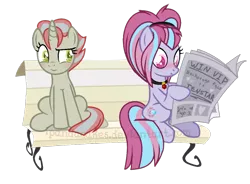 Size: 950x698 | Tagged: safe, artist:ipandacakes, derpibooru import, oc, oc:roxy, oc:serenata gleam, unofficial characters only, earth pony, pony, unicorn, base used, bench, female, magical lesbian spawn, mare, newspaper, offspring, parent:aria blaze, parent:flam, parent:limestone pie, parent:sonata dusk, parents:arisona, simple background, transparent background