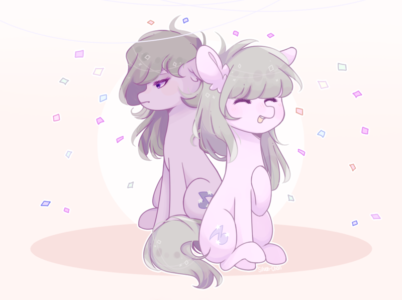 Size: 1024x764 | Tagged: safe, artist:silvah-chan, derpibooru import, oc, oc:sweet tune, earth pony, pony, confetti, duality, female, happy, mare, sad, sitting