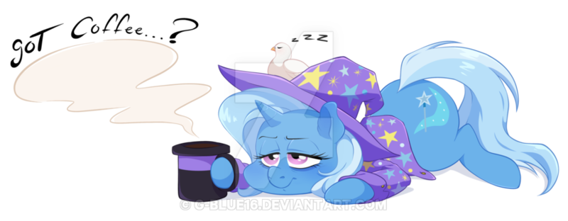 Size: 900x351 | Tagged: safe, artist:g-blue16, derpibooru import, part of a set, trixie, pony, unicorn, coffee mug, dialogue, female, lidded eyes, mare, mug, prone, simple background, solo, transparent background, watermark