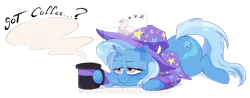 Size: 900x351 | Tagged: safe, artist:g-blue16, derpibooru import, part of a set, trixie, pony, unicorn, coffee mug, dialogue, female, lidded eyes, mare, mug, prone, simple background, solo, transparent background, watermark