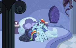 Size: 1400x893 | Tagged: safe, artist:zolah, derpibooru import, edit, rainbow dash, ponified, alien, pegasus, pony, xenomorph, alien (franchise), bed, behind you, chestburster, crossover, female, mare, parasite, pregnant, pregnant edit, sitting