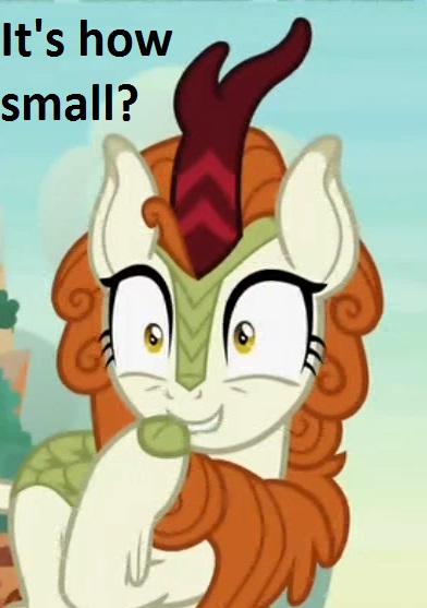 Size: 392x557 | Tagged: autumn blaze, biting, cloven hooves, cropped, derpibooru import, edit, edited screencap, female, grin, hoof biting, implied penis, kirin, lip bite, screencap, small penis humiliation, smiling, solo, sounds of silence, suggestive, text