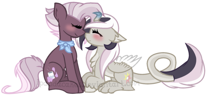 Size: 1321x609 | Tagged: safe, artist:ipandacakes, derpibooru import, oc, oc:lavender tea, oc:topsy turvy, unofficial characters only, hybrid, pony, female, interspecies offspring, lesbian, nuzzling, oc x oc, offspring, offspring shipping, parent:burnt oak, parent:discord, parent:jasmine leaf, parent:princess celestia, parents:burntleaf, parents:dislestia, shipping, simple background, transparent background