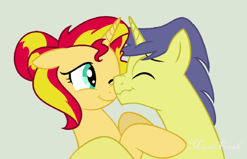 Size: 1024x661 | Tagged: safe, artist:musicfreak25, derpibooru import, comet tail, sunset shimmer, pony, unicorn, equestria girls, alternate hairstyle, boop, cometshimmer, couple, female, hug, male, nose wrinkle, noseboop, shipping, straight