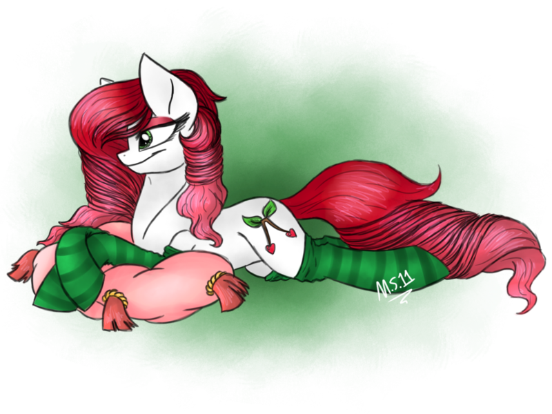 Size: 2048x1536 | Tagged: safe, artist:melonseed11, derpibooru import, oc, oc:cherry, unofficial characters only, earth pony, pony, clothes, female, mare, prone, simple background, socks, solo, striped socks, transparent background