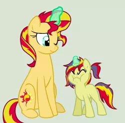 Size: 787x779 | Tagged: safe, artist:musicfreak25, derpibooru import, sunset shimmer, oc, oc:star shine, pony, unicorn, equestria girls, cute, female, filly, glowing horn, horn, lesson, mother and child, mother and daughter, offspring, parent:comet tail, parent:sunset shimmer, parents:cometshimmer