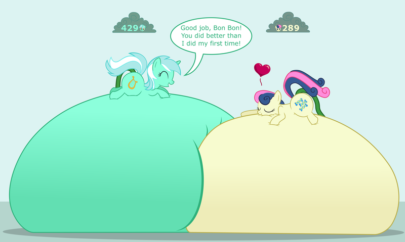 Size: 10019x6000 | Tagged: questionable, artist:ithinkitsdivine, derpibooru import, part of a set, bon bon, lyra heartstrings, sweetie drops, earth pony, pony, unicorn, absurd resolution, anal insertion, belly, belly bed, cloud, dialogue, duo, duo female, enema, female, fetish, heart, hose, impossibly large belly, inflation, insertion, note expansion, squishy, water inflation